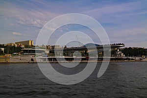 Landscape of modern park Zaryadye and soaring pedestrian bridge, Moscow, Russia