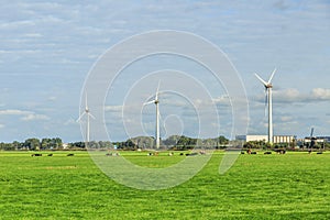 landscape with modern windturbines for the sustainable production of electricity