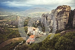 Landscape of monasteries of Meteora in Greece. Roussanou Monastery and St. Nikolaos Anapafsas Monastery in Trikala region