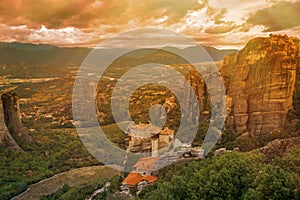 Landscape of monasteries of Meteora in Greece. Roussanou Monastery and St. Nikolaos Anapafsas Monastery in Trikala region