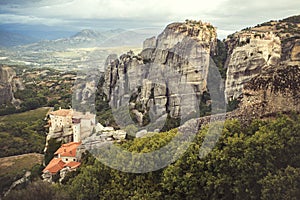 Landscape of monasteries of Meteora in Greece. Roussanou Monastery and St. Nikolaos Anapafsas Monastery in Trikala region