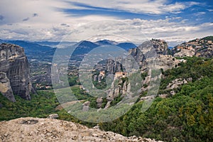 Landscape of monasteries of Meteora in Greece. Roussanou Monastery and St. Nikolaos Anapafsas Monastery in Trikala region