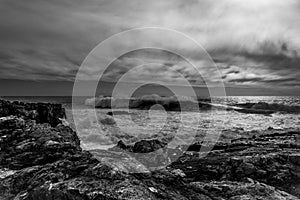 Landscape, Monochrome, rocks, Sea, wave, clouds, BlackandWhite photo