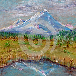 Landscape with montane and lake for good interior design drawing by pastel