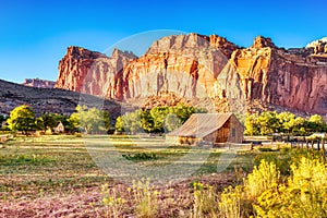 Landscape with Monumental Old Barn in Fruita at Sunset, Capitol Reef National Park, Utah