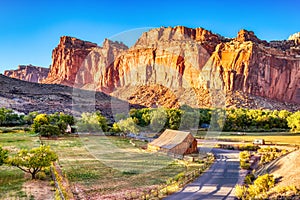 Landscape with Monumental Old Barn in Fruita at Sunset, Capitol Reef National Park, Utah