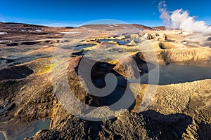 Landscape of the Morning Sun Geysers in Eduardo Avaroa National Park, Bolivia