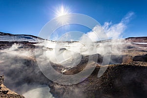 Landscape of the Morning Sun Geysers in Eduardo Avaroa National Park, Bolivia