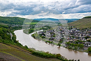 Landscape with Mosel valley, river and Bernkastel-Kues town, Germany