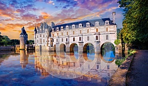 Landscape of the most beautiful Castle in the Loire Valley Chenonceau reflected in the River Cher