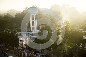 Landscape with motion of smoke and tower artesian aquifer of Pro