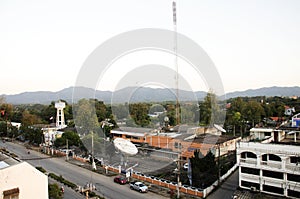 Landscape with motion of smoke and tower artesian aquifer of Pro