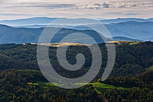 Landscape of mount Bobija, peaks, hills, meadows and colorful forests