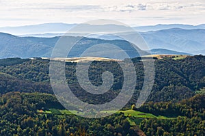 Landscape of mount Bobija, peaks, hills, meadows and colorful forests