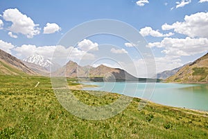 Landscape of Mount Damavand and Lar dam lake , Iran