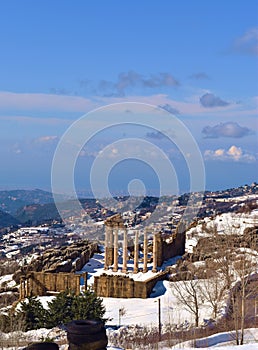 Landscape in Mount Lebanon in winter. View of greec antic temple in Kfardebian