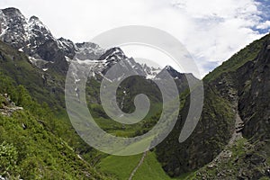 Landscape with mountain backdrop, Valley of Flowers, Uttarakhand, India