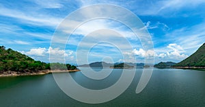 Landscape of mountain with beautiful blue sky and white clouds at Kaeng Krachan dam in Thailand. Beautiful view of  Kaengkrachan