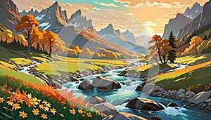 Landscape mountain flowers golden sunset high mountains river valley