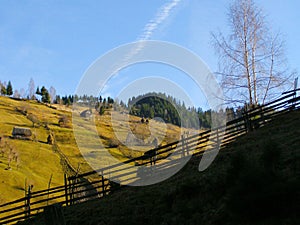 Landscape with mountain house trees and fence