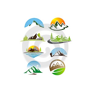 Landscape, Mountain, isolated, nature, Sunset, sunrise, Camp, view in illustration vector icon logo set