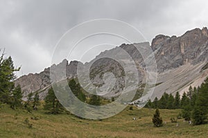 Landscape with mountain massif and green forest in a cloudy day, Dolomites, Italian Alps