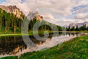 Landscape, Mountain and reflection near Antorno Lake, Dolomites Alps