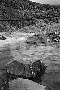 Landscape mountain river in autumn forest. View of the stony rapids. Black and white photo.