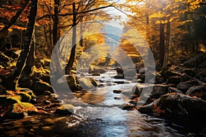 Landscape of a mountain river flowing through a forest in autumn colors