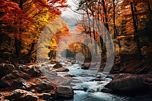 Landscape of a mountain river flowing through a forest in autumn colors