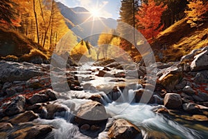 Landscape of a mountain river flowing through a forest in autumn colors