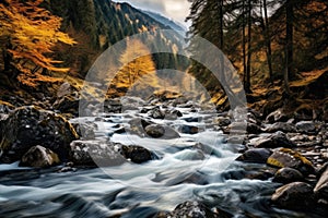 Landscape of a mountain river flowing through a forest in autumn colors