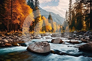 Landscape of a mountain river flowing through a forest in autumn colors