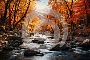 Landscape of a mountain river flowing through a forest in autumn colors