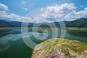 Landscape mountain and river of Khun Dan Prakarn Chon Dam in Nakhon Nayok, Thailand