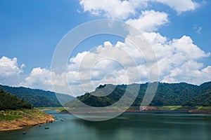 Landscape mountain and river of Khun Dan Prakarn Chon Dam in Nakhon Nayok, Thailand