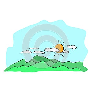 landscape of mountain and sun vector illustration sketch doodle hand drawn with black lines isolated on white background