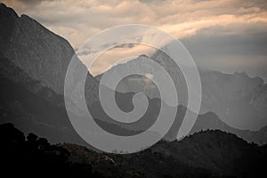 Landscape of the mountain Tahtali under the fluffy clouds
