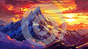 Landscape of mountain tops at sunset. Modern cartoon illustration of a sun-dappled summit scene in a rock range with a