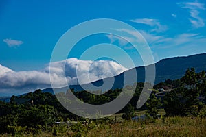 Landscape of a mountain valley with clouds in the Crimean mountains above Gurzuf
