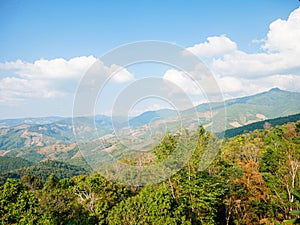 Landscape mountain view name thai : Doi Sakad at PUA,NAN,Thailand.Landmark green environment outdoor on blue sky.Beautiful forest