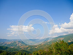 Landscape mountain view name thai : Doi Sakad at PUA,NAN,Thailand.Landmark green environment outdoor on blue sky.Beautiful forest