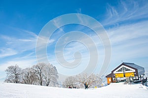 Landscape and Mountain view of Nozawa Onsen in winter , Nagano, Japan