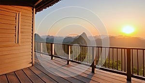Landscape of mountain with wooden terrace at sunrise. Generated AI