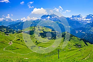 Landscape of mountains of Alps in summer with gondola lift in Portes du Soleil, Switzerland