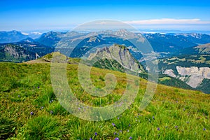 Landscape of mountains of Alps in summer with green meadow and flowers in Portes du Soleil, France