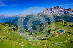 Landscape of mountains of Alps in summer with green meadow in Portes du Soleil, Switzerland