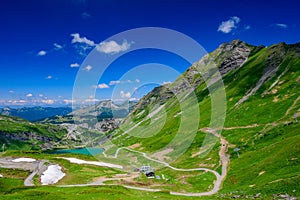 Landscape of mountains of Alps in summer with a lake in Portes du Soleil, France