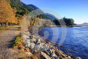 Landscape of mountains and beach in Porteau Cove Provincial Park