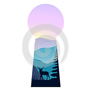 Landscape with mountains, dear, mist and forest at sunset . Double exposure, panoramic view, keyhole shape